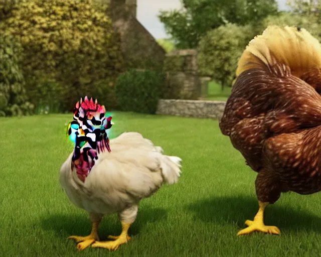 Image similar to ( ( ( peter dinklage riding a chicken ) ) ) ( ( in a green english britanic garden ) ) ( photorealistic, photography, picture, provided by unreal engine, realistic, realism )