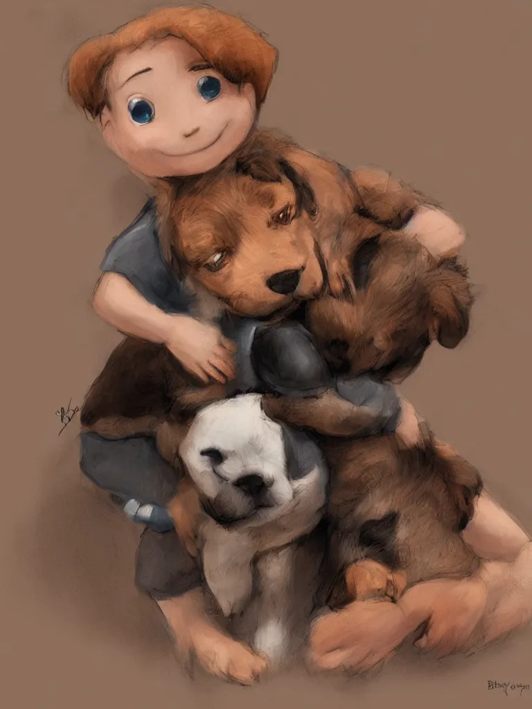 Prompt: boy hugging puppy by disney concept artists, blunt borders, rule of thirds