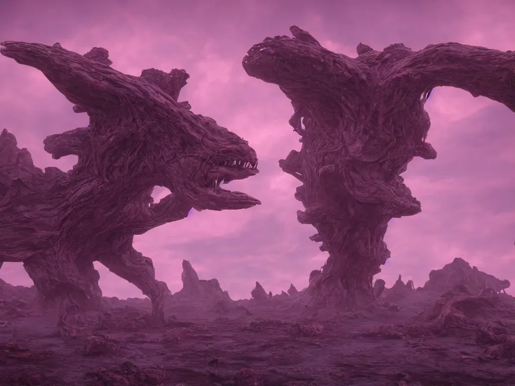 Image similar to a grotesque alien landscape, purple sky and weird alien structures, cinematic, unreal engine 5