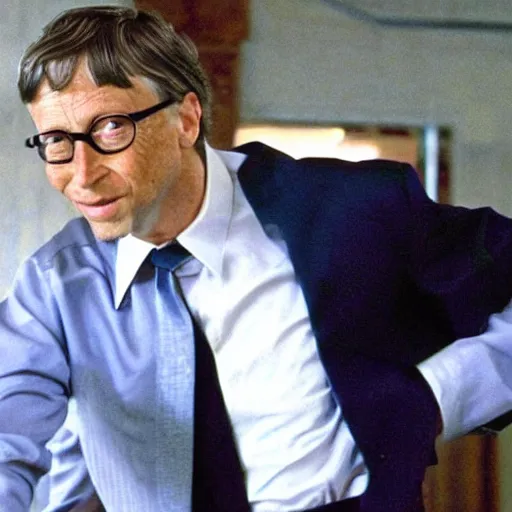 Prompt: bill gates as the joker from batman in an action scene in fast & furious, action shot from the movie fast & furious, bill gates as the joker villain drifting