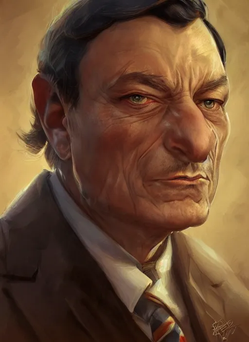 Prompt: Mario Draghi dressed as a realistic Christian templar, face close up, elegant, digital painting, concept art, smooth, sharp focus, illustration, from StarCraft by Ruan Jia and Mandy Jurgens and Artgerm and William-Adolphe Bouguerea