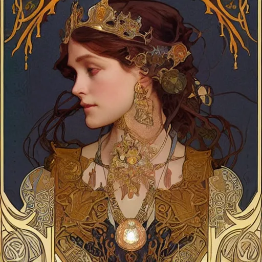 Prompt: a beautiful of a wonderful queen wearing titane ornaments, art by alphonse mucha and greg rutkowski, intricate, highly realistic, golden number, 8 k textures, trending on artstation