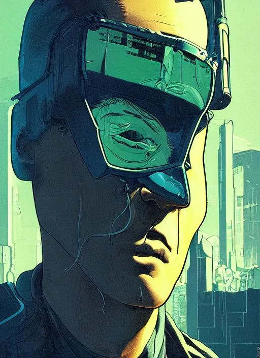 Image similar to cyberpunk bank robber. portrait by stonehouse and mœbius and will eisner and gil elvgren and pixar. realistic proportions. dystopian. cyberpunk 2 0 7 7, apex, blade runner 2 0 4 9 concept art. cel shading. attractive face. thick lines.