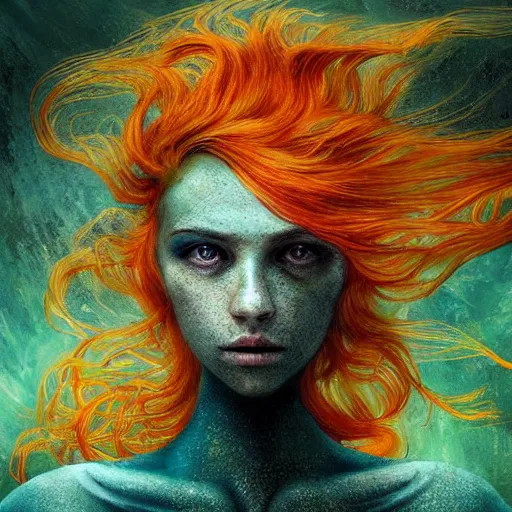 Prompt: Portrait of a mermaid in a sunken ship, face, orange flowing hair, fantasy, intricate, elegant, beautiful, magical, large green eyes, symmetrical face, luminescent, enchanted, yellow mist, highly detailed, hyper realistic, digital painting, artstation, concept art, smooth, sharp focus, art by Heady Tale and Artem Demura and Norman Rockwell, 4k, 8k