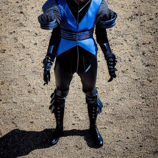 Image similar to low angle upper view of Austin Butler dressed in futuristic-baroque prussian blue duelist-garb and nanocarbon-vest and greaves, standing in an arena in Dune 2020, XF IQ4, f/1.4, ISO 200, 1/160s, 8K, RAW, unedited, symmetrical balance, face in-frame