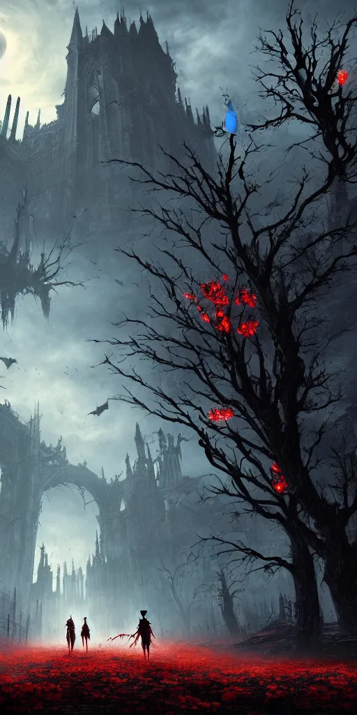 Image similar to abandoned bloodborne old valley with a obscure person at the centre and a ruined gothic city in the background, trees and stars in the background, falling red petals, epic red - orange moonlight, perfect lightning, wallpaper illustration by niko delort and kentaro miura, 1 6 k, ultra realistic