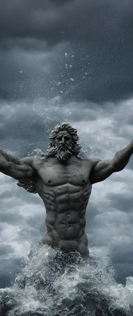 Prompt: stone sculpture of poseidon in the ocean, heavy waves, dark clouds, vivid, atmospheric, rainy, realistic, ultra detail, somber, hd, octane render, featured on artstation