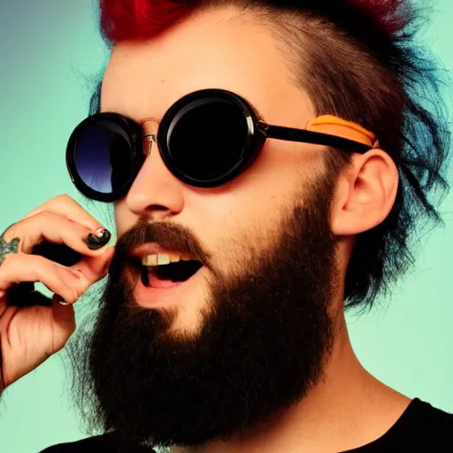 Prompt: thin bearded yoga punk singer weird sunglasses. was previously a commercial model and actor. on a smoky stage. vaporwave.