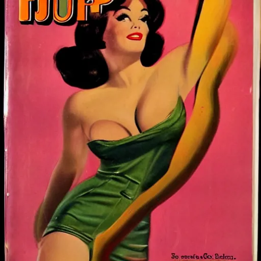 Image similar to 1960s pulp book cover featuring a pinup of a stunningly beautiful woman