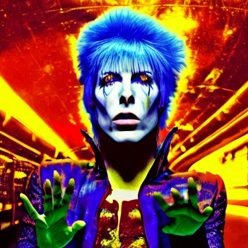 Image similar to ziggy stardust and the spiders from Mars anamorphic apophenia illusion 4k