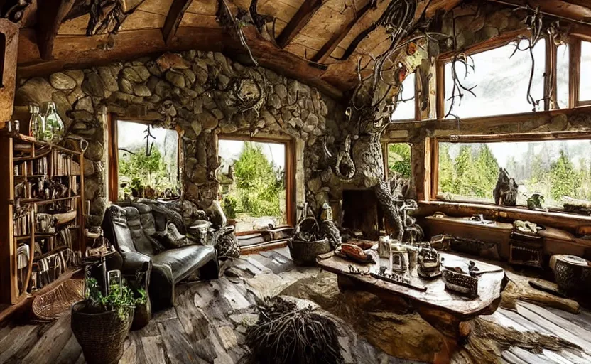 Prompt: cottage living room interior with a witch cauldron and bottles of potions and ingredients in jars, sunny, natural materials, rustic wood, window sill with plants, vines on the walls, dried herbs under the ceiling bookshelves, design. A giant dragon looking through the window. Fire. Gigantic dragon eye. Mordor