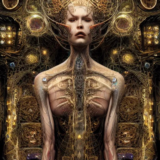 Image similar to timeless cybernetic deity with circuitry skin and networked mind tripping on acid, intricate detail, royo, whealan, giger, klimt, hd, octane render, unreal engine,