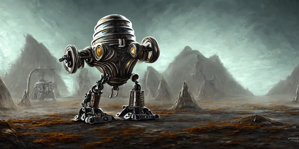 Prompt: tarnished chrome robot with conical drills, matte oil painting, retrofuturistic, concept art, quarry, science fantasy, mutant, lgbt, rpg, epic, rusted, salt, jungles, dungeons & dragons, sharp focus, award - winning, extremely detailed, 4 k, 8 k