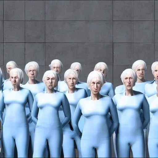 Prompt: troop of very old women with white bob hairdos, tight light blue neopren suits, futuristic cloning facility, sci - fi, highly detailed, cinematic