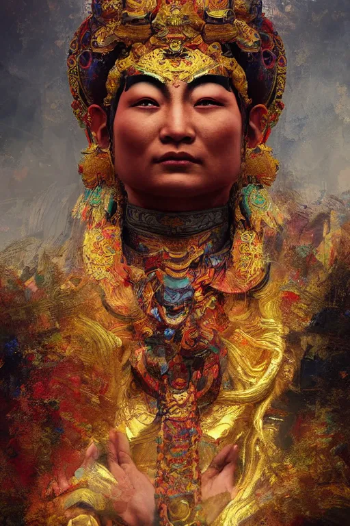 Image similar to Tibetan god, portrait, powerfull, intricate, elegant, volumetric lighting, scenery, digital painting, highly detailed, artstation, sharp focus, illustration, concept art, ruan jia, steve mccurry