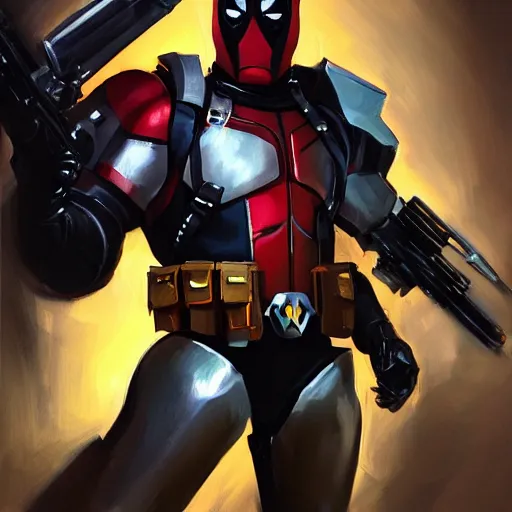 Image similar to greg manchess portrait painting of armored deadpool as overwatch character, medium shot, asymmetrical, profile picture, organic painting, sunny day, matte painting, bold shapes, hard edges, street art, trending on artstation, by huang guangjian and gil elvgren and sachin teng