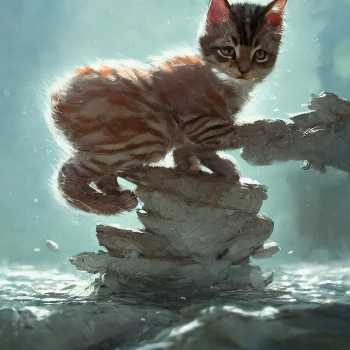 Image similar to a highly detailed painting of a cute kitten at a river. character design by cory loftis, fenghua zhong, ryohei hase, ismail inceoglu and ruan jia. volumetric light, detailed, rendered in octane