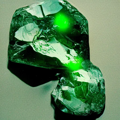 Prompt: photo of rare transparent rock with green glow, cinestill, 800t, 35mm, full-HD