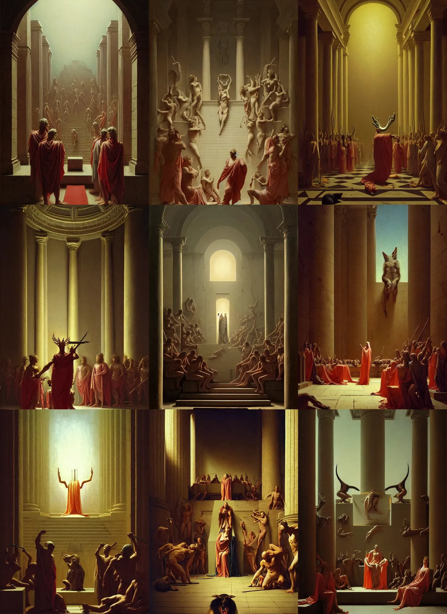 Prompt: neoclassical portrait of the cult of the jackal in their temple, by jacques - louis david, by greg rutkowski, by zdzisław beksinski, by josep tapiro baro, trending on artstation, featured on pixiv, masterpiece, oil on canvas, cinematic composition, dynamic beautiful lighting,