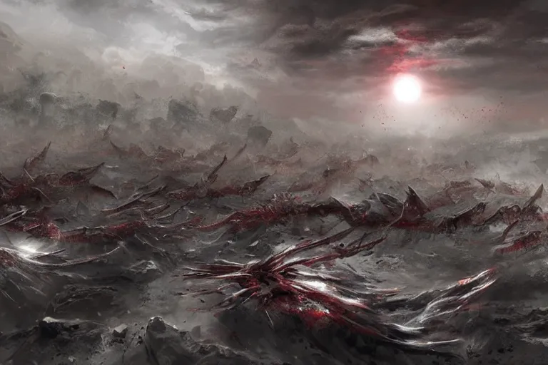 Prompt: concept art of realistic blood tsunami crash to city center in the middle of eclipse, artstation, old testament angels with 10 eyes rise, people