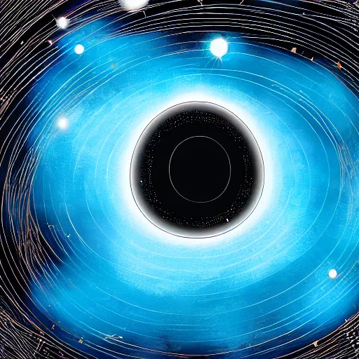 Prompt: a black hole at the center of a golden wireframe geometric structure, deep blue and dark cyan nebula background, highly detailed artwork, acrylic painting