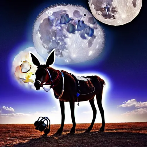 Prompt: a mule with headphones on, under awesome moon lit clouds, stunning photograph, from the point of view of an ant