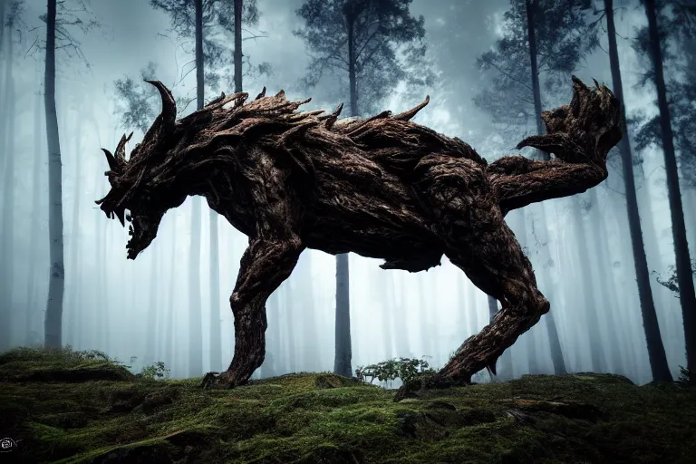 Prompt: mythological forest beast standing a swedish forest very low angle photograph trending on artstation