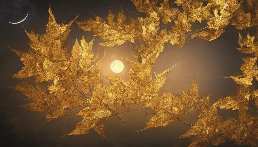 Image similar to golden leaves at frame border, creative!!! composition for a book cover!!!, absurdly beautiful, ultrafine hyperrealistic detailed moon by wlop and artgerm and greg rutkowski, intricate linework, sharp focus, smooth, octopath traveler, final fantasy, unreal engine, dramatic lighting, ethereal, 8 k