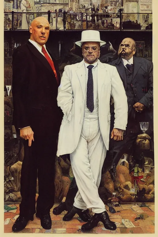 Prompt: full length portrait of morgan aste as a huge gangster wearing a white suit and spats standing beside much smaller robert deniro wearing shirt and pants, cafe in background, by lawrence alma tadema and zdzislaw beksinski and norman rockwell and jack kirby and tom lovell and greg staples