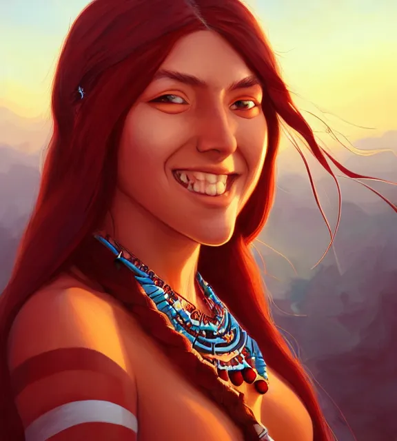 Image similar to in the style of artgerm and Andreas Rocha and Joshua Middleton, beautiful Native American young woman with long hair and red paint strip across eyes, smile on face, Symmetrical eyes symmetrical face, bead necklace, scenic prairie in background sunrise, natural lighting, warm colors