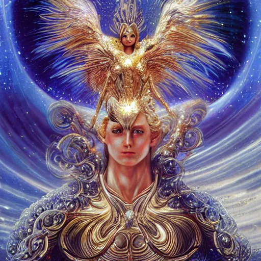 Image similar to full muscular body made of diamonds , golden feathers ,thunder, shining light, nebulas, god rays by Karol Bak, Ayami Kojima, Amano and Olivier Ledroit