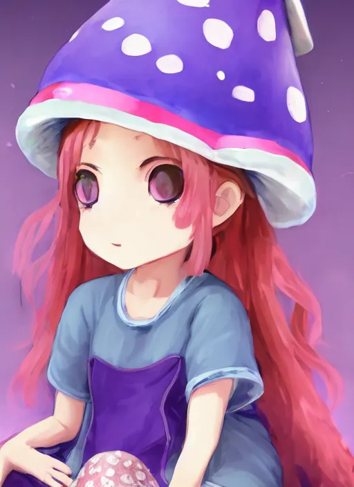 Image similar to a beautiful little girl wearing a mushroom hat sitting in her room petting a frog in her lap | | purple hair, pretty face, sharped details, in ryuuou no oshigoto art style, trending on pixiv