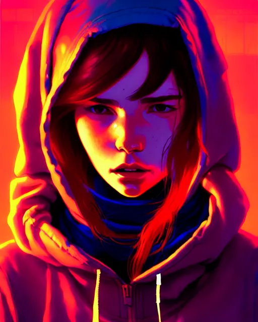 Prompt: cyberpunk synth, hyper - realistic portrait of a girl in a hoodie, red long wavey hair, cinematic, by atey ghailan, by greg rutkowski, by greg tocchini, by james gilleard, by joe fenton, by kaethe butcher, 8 k, very intricate, dynamic lighting, lighting color scheme, sharp focus, grunge aesthetic