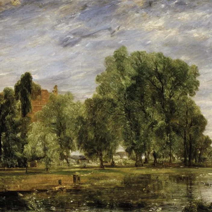 Image similar to a building in a serene landscape, by john constable