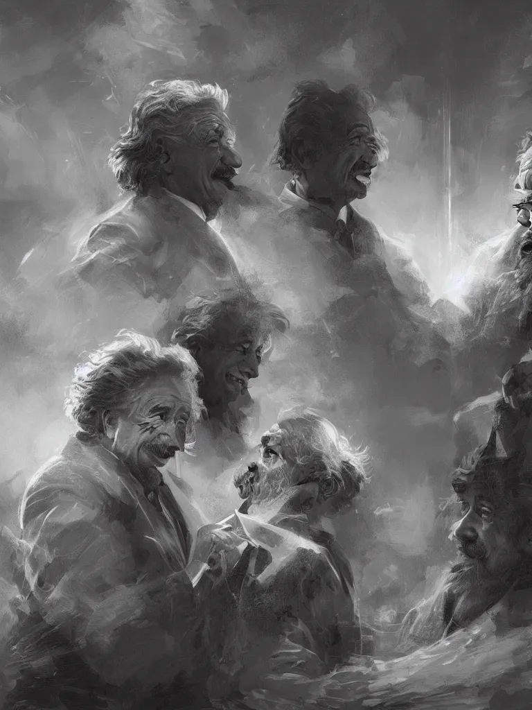 Prompt: Albert Einstein and Alan Watts having a metaphysical discussion, hyperdetailed artstation cgsociety by greg rutkowski and by Gustave Dore