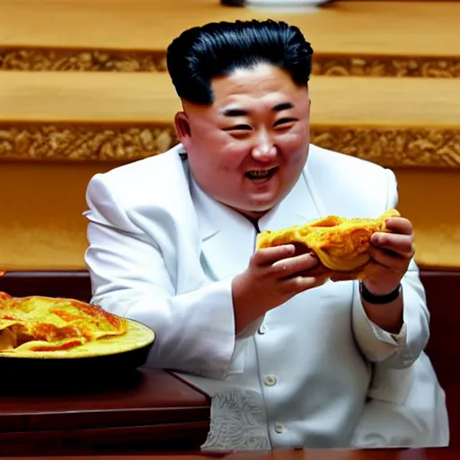 Image similar to happy kim jon - un eating spanish potato omelette