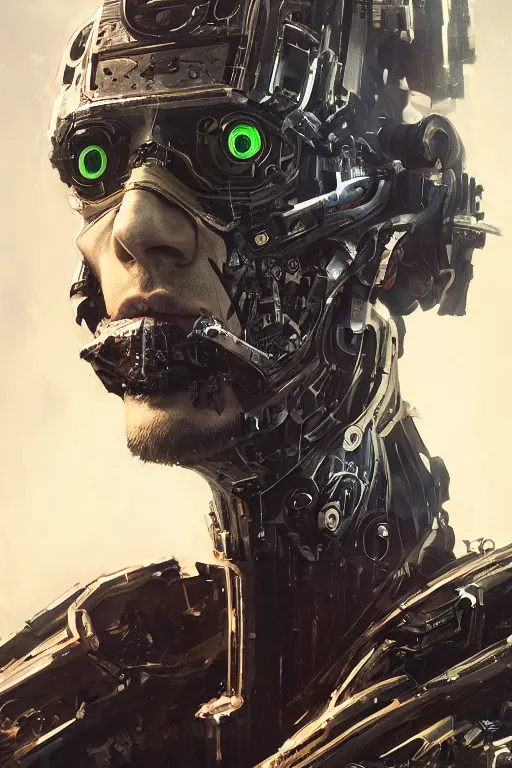 Prompt: A fancy portrait of jacksepticeye as a cyborg by Greg Rutkowski, Sung Choi, Mitchell Mohrhauser, Maciej Kuciara, Johnson Ting, Maxim Verehin, Peter Konig, Bloodborne, 8k photorealistic, cinematic lighting, HD, high details, dramatic, dark atmosphere, trending on artstation