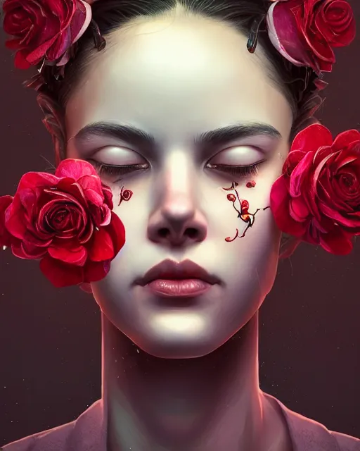 Image similar to portrait of a female face with roses instead of eyes. roses, intricate abstract upper body intricate artwork, by tooth wu, wlop, beeple, dan mumford. concept art, octane render, deviantart, greg rutkowski, cinematic arthouse, key art, hyper realism, iridescent accents