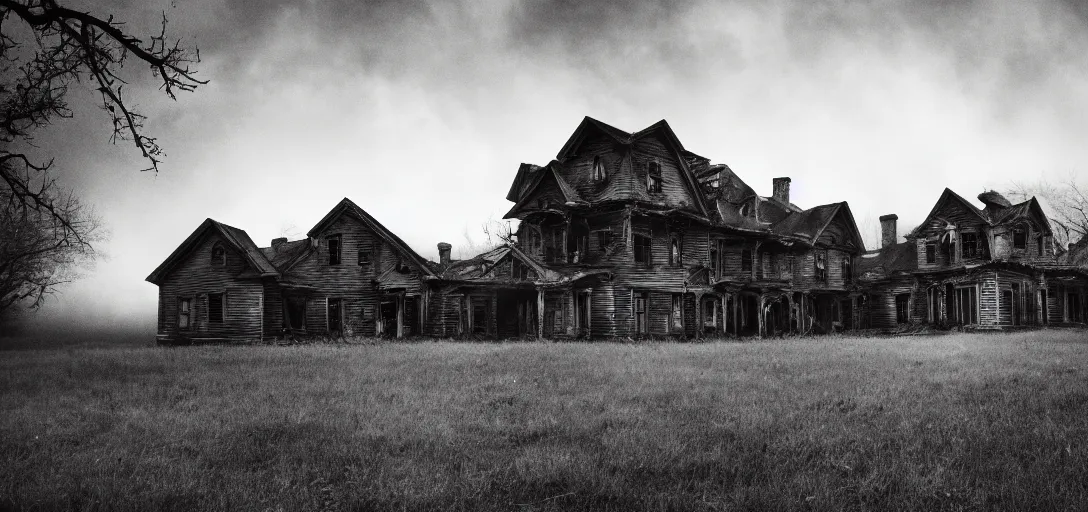 Prompt: opening cinematic shot from a horror movie about a haunted house, establishing shot, wide angle lens, dramatic lighting, fog, southern gothic