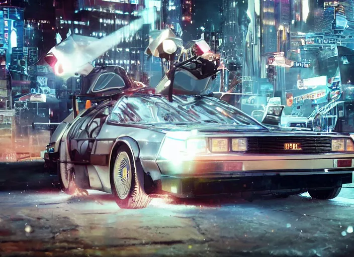 Image similar to a cyberpunk delorean breaking the space - time continuum, energy and time particles, dramatic framing, movie footage, 8 k