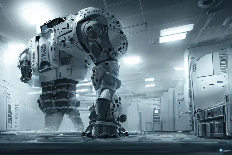 Prompt: parallax datacenter server room single mono colossus white rusty android robosaurus guard in artstation cinematic detailed concept art volumetric light sharp coherent cgsociety symmetric perfect server equipment