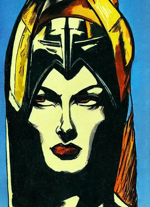 Image similar to head and shoulders portrait of a female knight. well composed, clean elegant painting, beautiful detailed face. comic book art by steve ditko and jack kirby