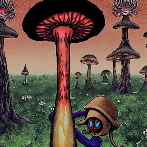 Image similar to A centered chest up portrait of a psychedelic demonic anthropomorphic moth smoking a hand-rolled cigarette smoking heavily , magic mushroom village in background , award winning. superb resolution. in the art style of junji Ito and greg rutkowski . Detailed Mushroom city in background. Hyper realistic anime. Perfect art. Dalle2