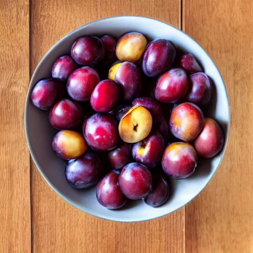 Image similar to a bowl filled with freshly picked plums. volumetric lighting. 4 k