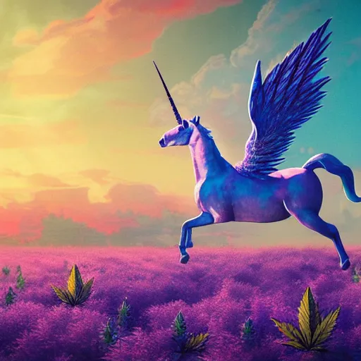 Image similar to a unicorn with wings dancing in a field of tall marijuana plants with a psychedelic sky,, ultra realistic, concept art, intricate details, highly detailed, photorealistic, octane render, 8 k, style of jean baptiste monge