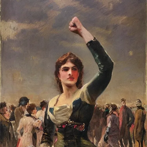 Image similar to action heroine, raised fists by alfred stevens