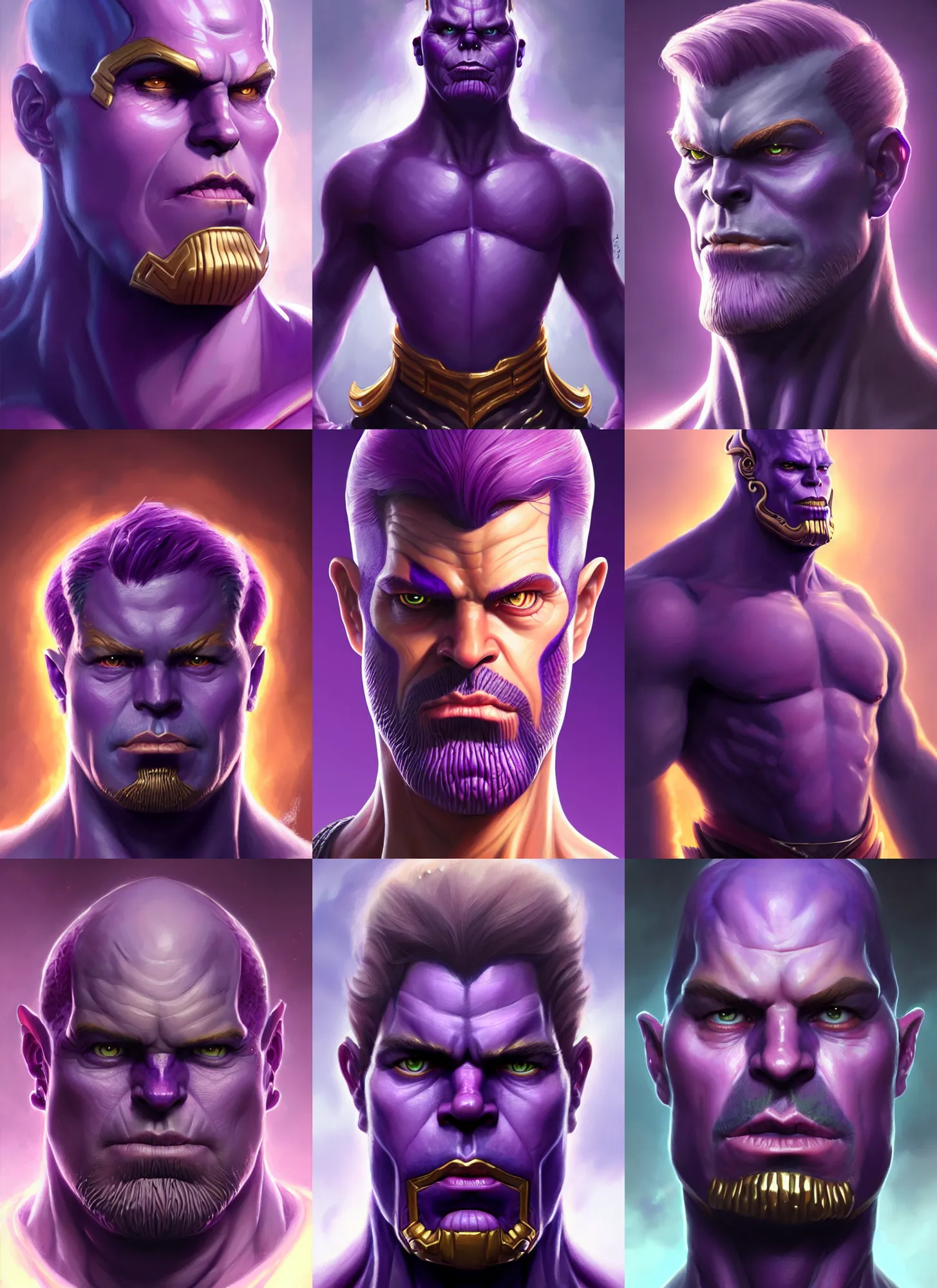 Prompt: a fantasy style portrait painting a character if napoleon bonaparte and thanos had a son, purple skin, powerful chin, thanos style traits, painting, unreal 5, daz., rpg, portrait, extremely detailed, artgerm greg rutkowski _ greg