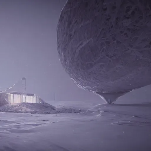 Prompt: an abandoned outpost in a snow storm on the moon europa, intricate artwork by tooth wu and wlop and beeple, octane render, hyper realism, 8 k