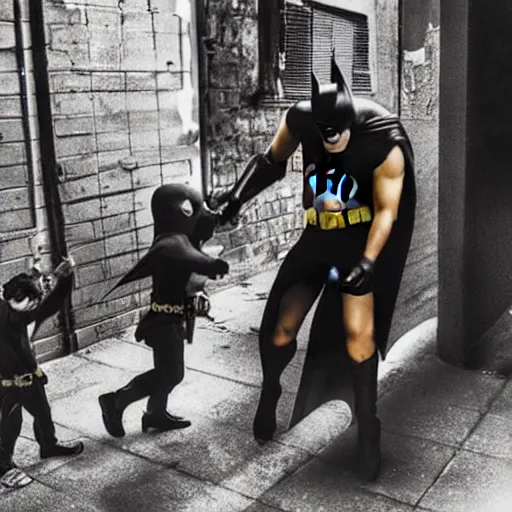 Image similar to batman beating up crying children in an alleyway caught on camera, photography, canon