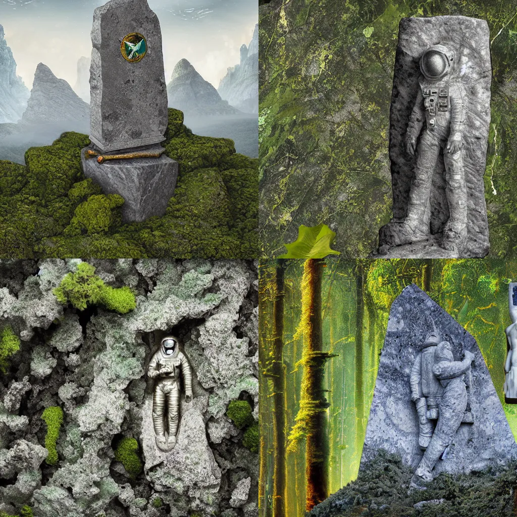 Prompt: marble monument of astronaut covered by lichen in jungles and mountains and pyramids by repin, detailed, digital art, matte, 4k resolution